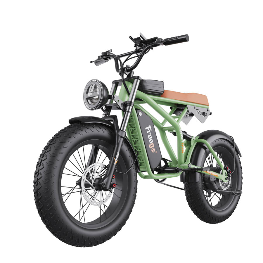 Freego F1 Pro(Camouflage Green) Fat Tires Off Road Electric Bike 7 Speed Gears,speed:34miles/h,Range: 38mi -43mi,F1 Pro-Green.