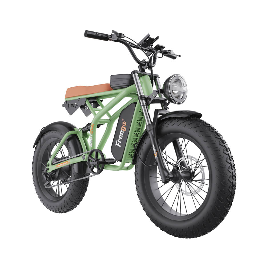 Freego F1 Pro(Camouflage Green) Fat Tires Off Road Electric Bike 7 Speed Gears,speed:34miles/h,Range: 38mi -43mi,F1 Pro-Green.